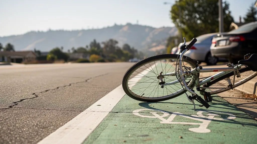 Bicycle with a bent wheel beside a bike lane in Burbank