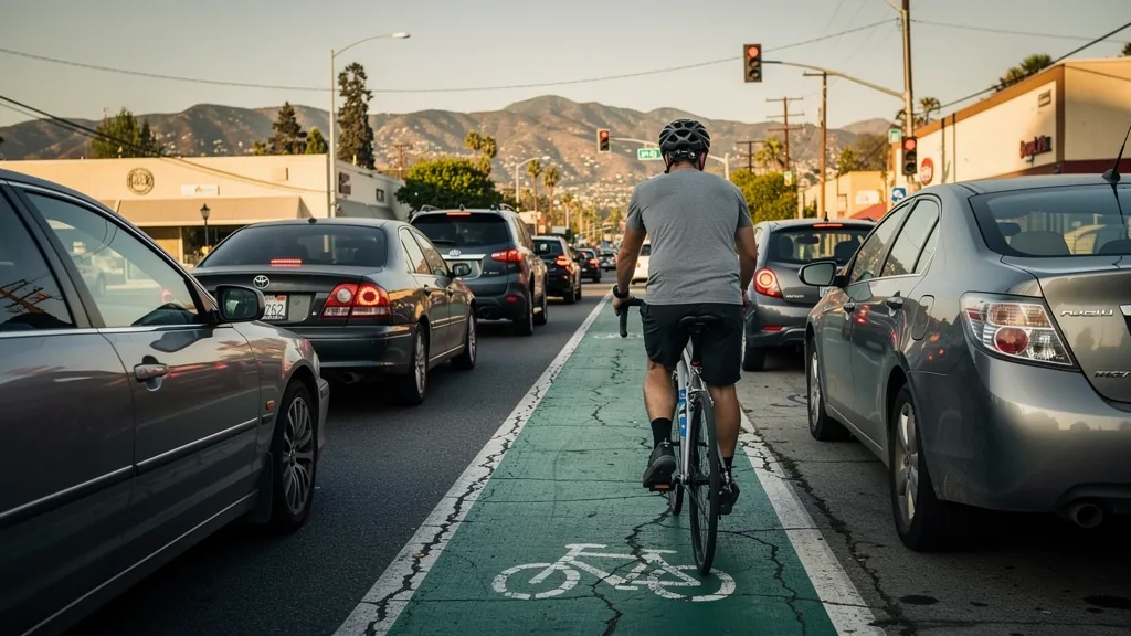 Cyclist riding in a bike lane beside traffic in Burbank