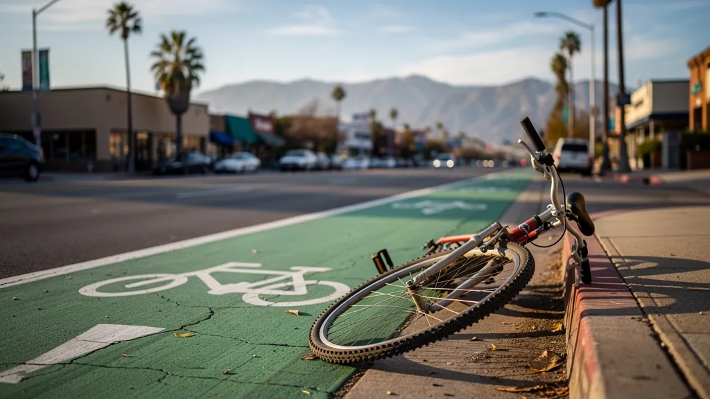 Bicycle with a bent wheel beside a bike lane in Encino
