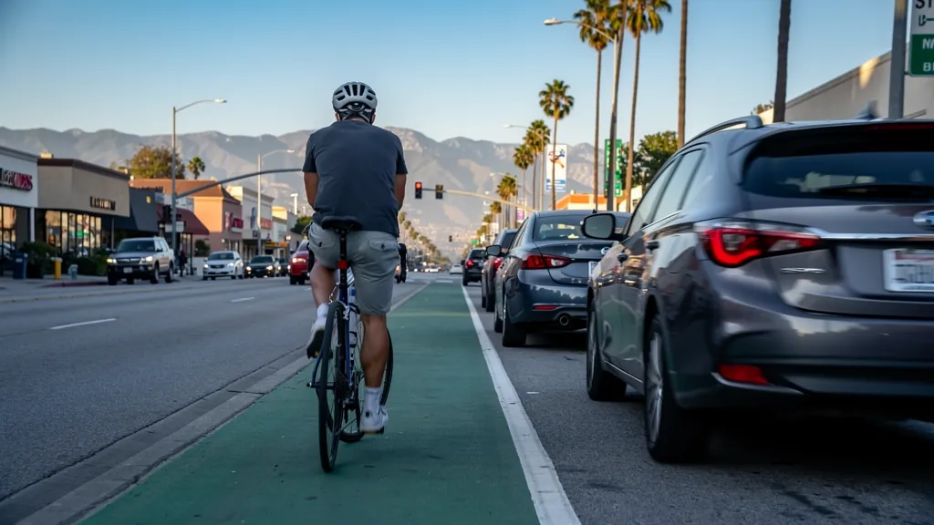 Cyclist riding in a bike lane beside traffic in Encino