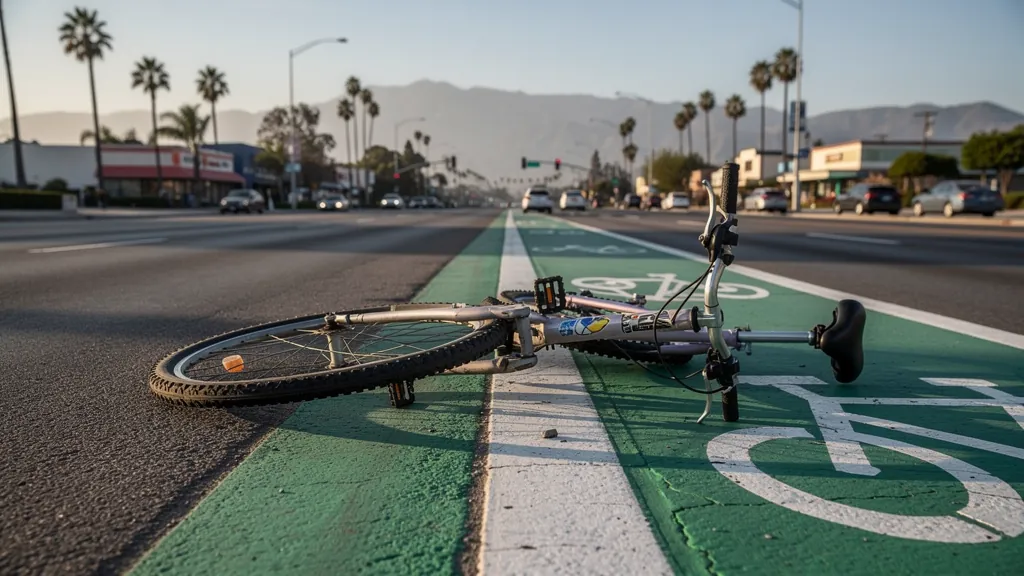 Bicycle with a bent wheel beside a bike lane in Glendale