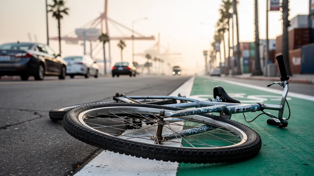 Bicycle with a bent wheel beside a bike lane in Long Beach