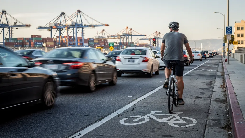 Cyclist riding in a bike lane beside traffic in Long Beach