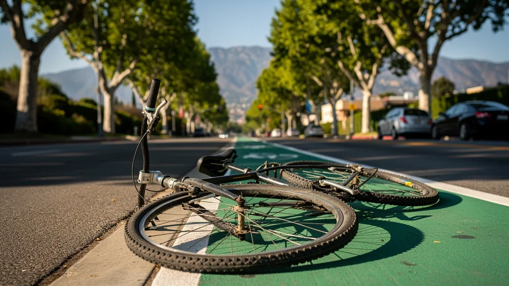 Bicycle with a bent wheel beside a bike lane in Pasadena