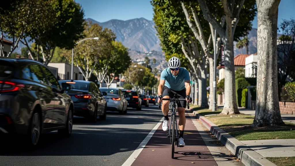 Cyclist riding in a bike lane beside traffic in Pasadena