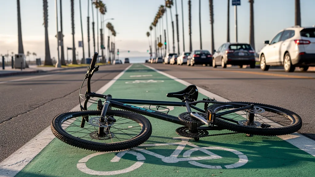 Bicycle with a bent wheel beside a bike lane in Santa Monica