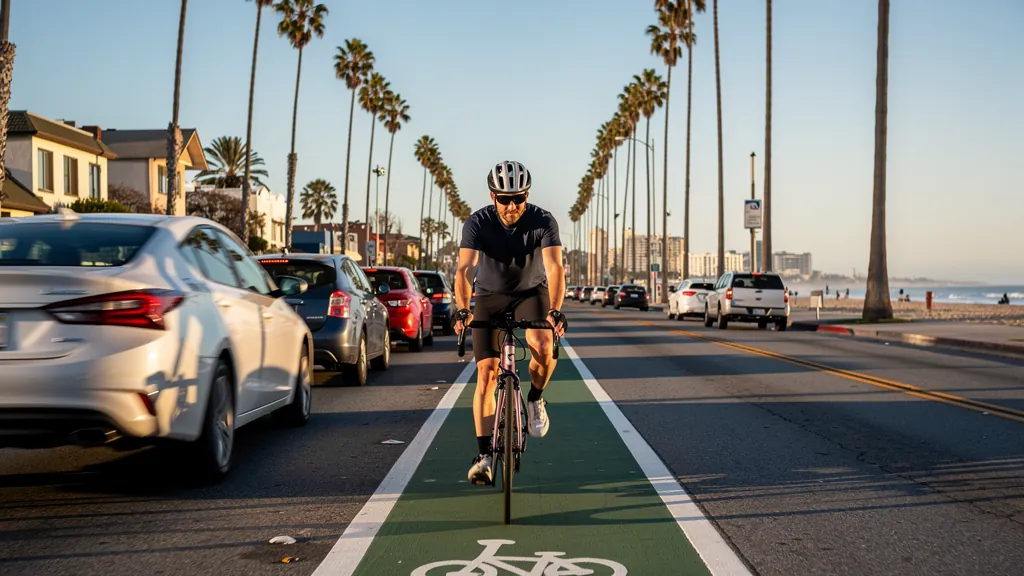 Cyclist riding in a bike lane beside traffic in Santa Monica