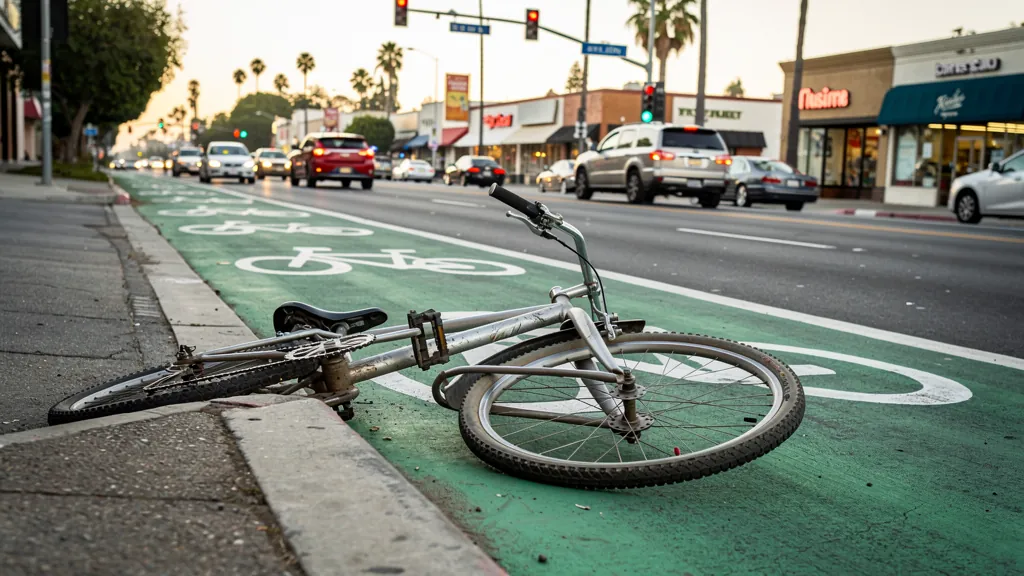 Bicycle with a bent wheel beside a bike lane in Sherman Oaks