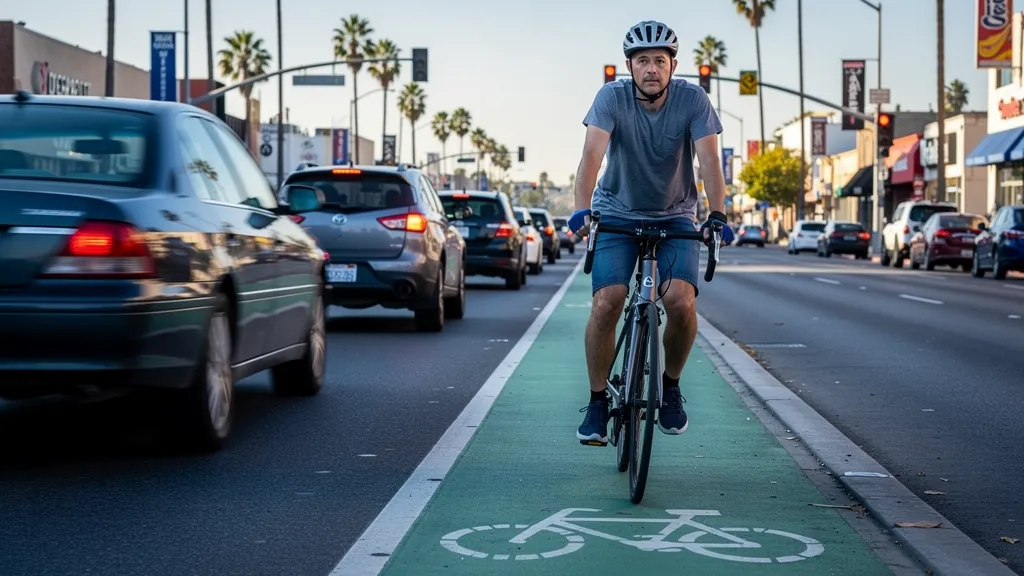 Cyclist riding in a bike lane beside traffic in Sherman Oaks