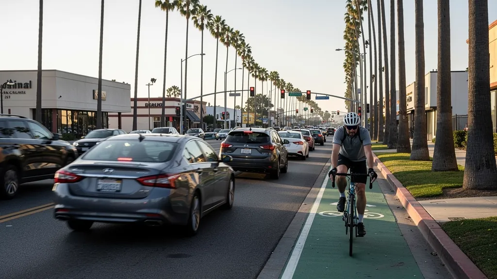 Cyclist riding in a bike lane beside traffic in Torrance