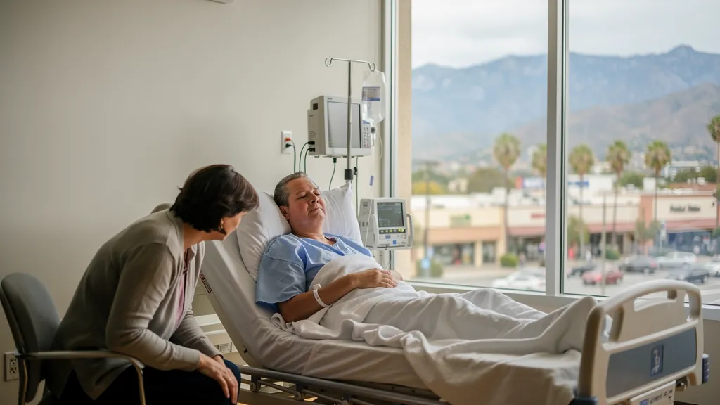 Patient recovering in the hospital with family nearby in Encino