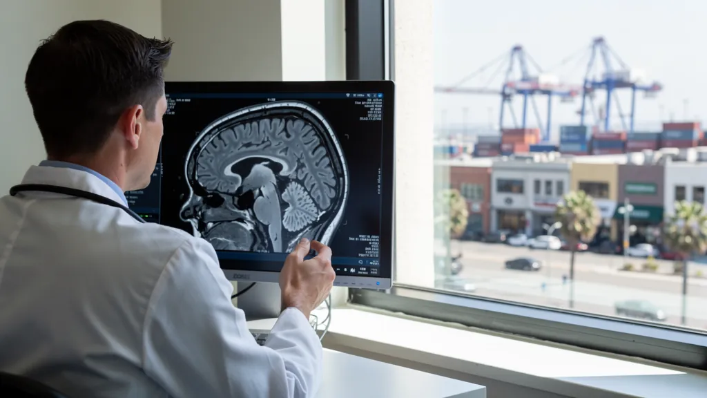 Doctor reviewing a brain MRI after a crash in Long Beach