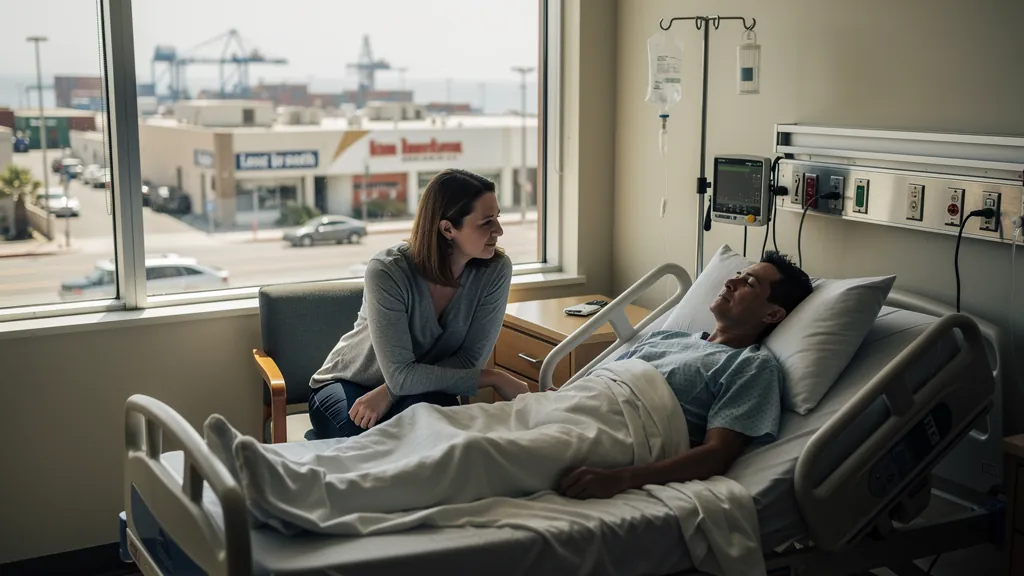 Patient recovering in the hospital with family nearby in Long Beach