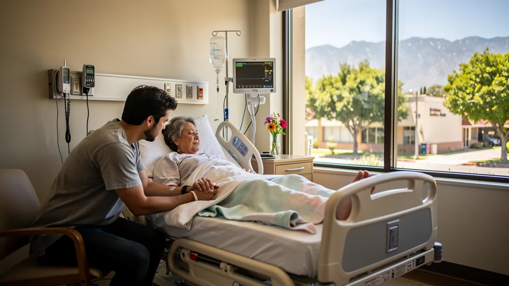 Patient recovering in the hospital with family nearby in Pasadena