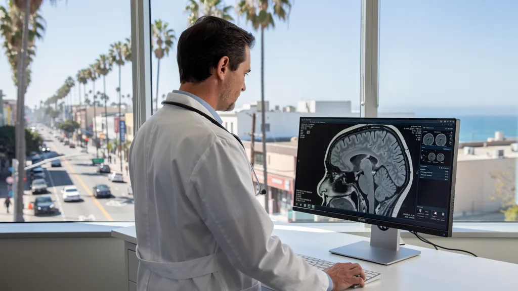 Doctor reviewing a brain MRI after a crash in Santa Monica