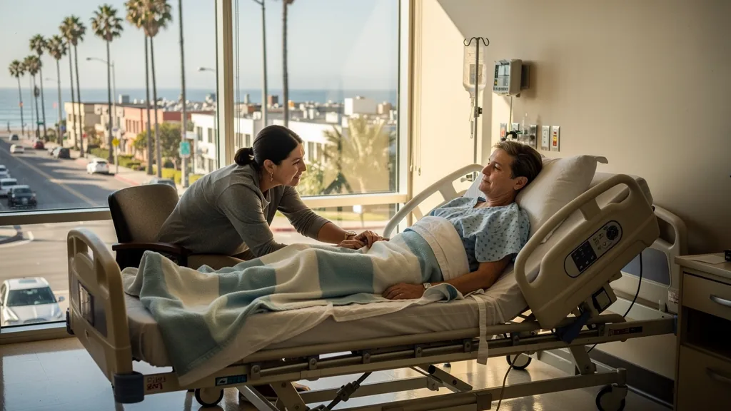 Patient recovering in the hospital with family nearby in Santa Monica