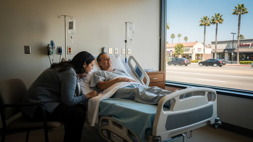 Patient recovering in the hospital with family nearby in Torrance
