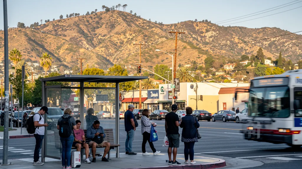 Commuters at a busy bus stop in Burbank