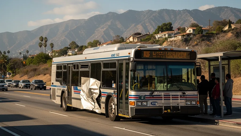 City bus with a damaged side panel in Encino