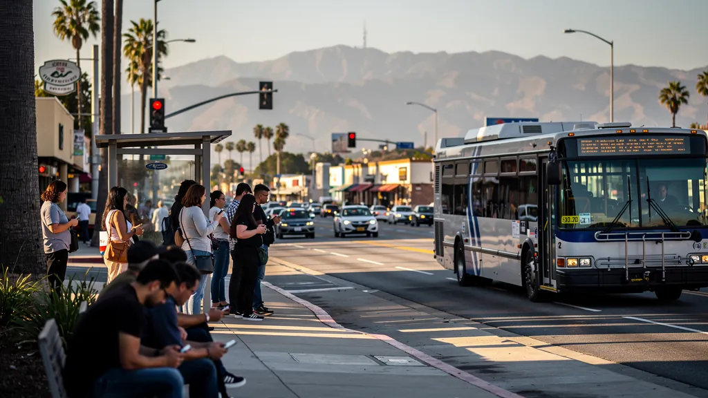 Commuters at a busy bus stop in Encino