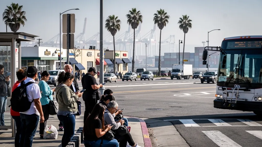 Commuters at a busy bus stop in Long Beach