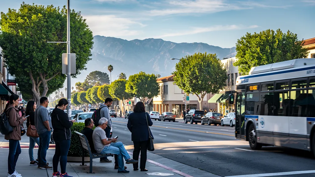 Commuters at a busy bus stop in Pasadena