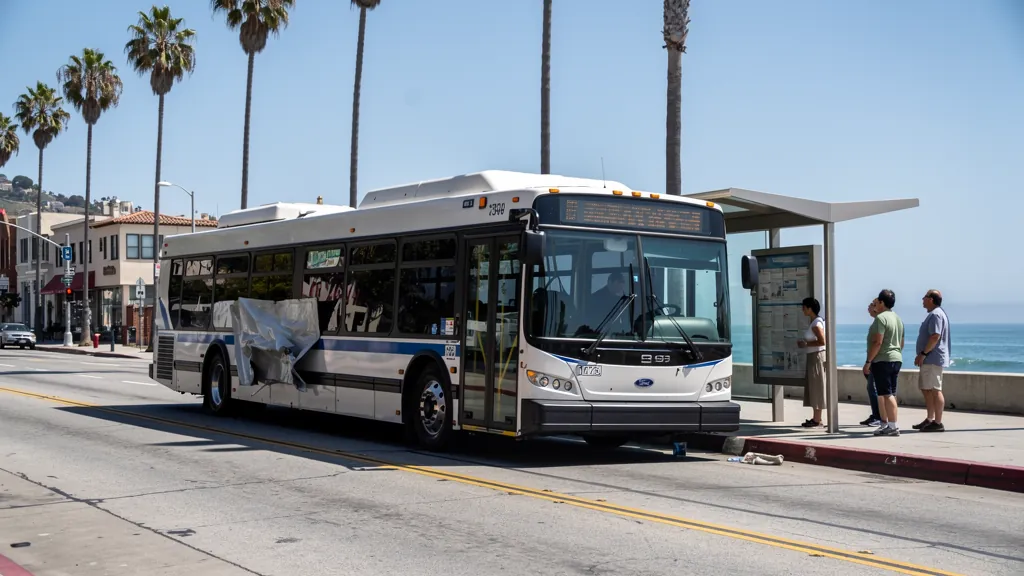 City bus with a damaged side panel in Santa Monica