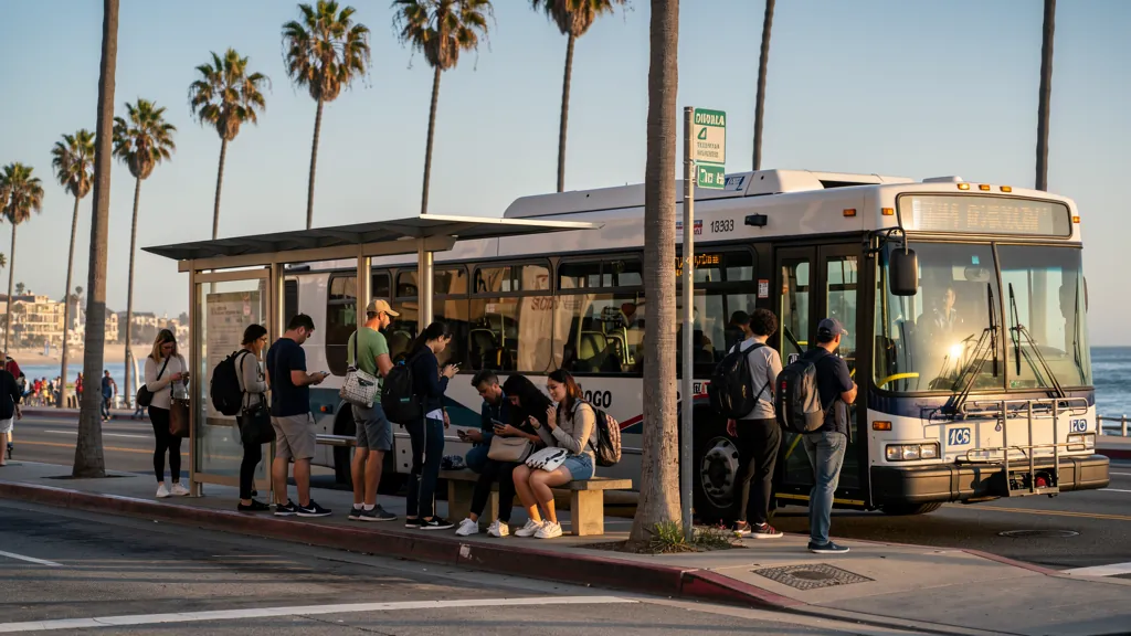 Commuters at a busy bus stop in Santa Monica