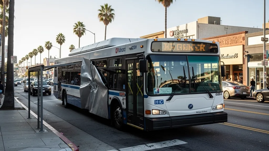 City bus with a damaged side panel in Sherman Oaks