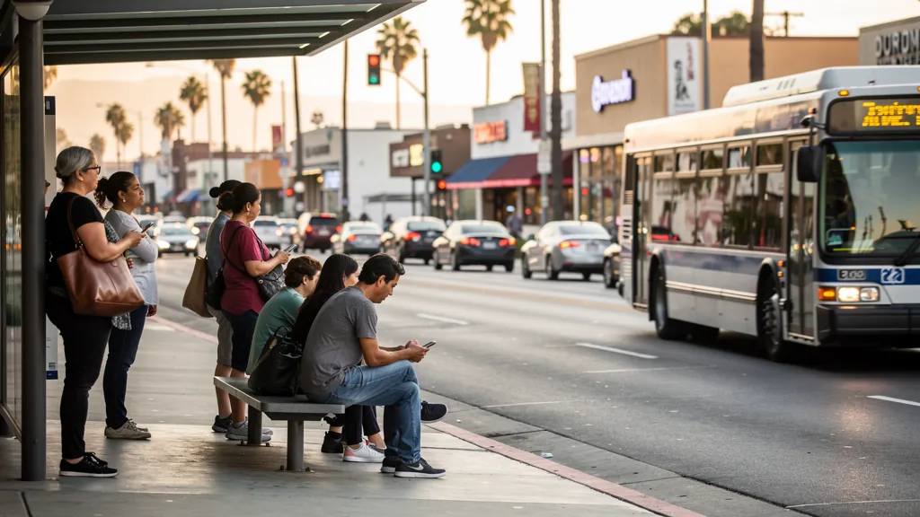 Commuters at a busy bus stop in Sherman Oaks