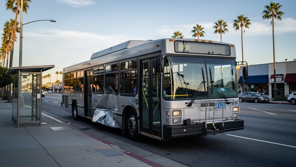 City bus with a damaged side panel in Torrance