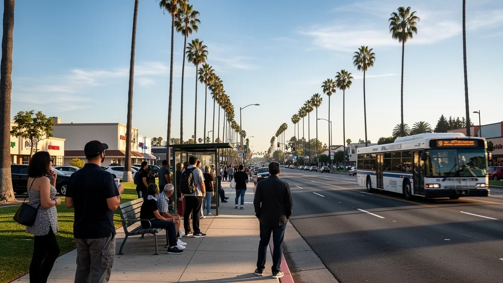 Commuters at a busy bus stop in Torrance