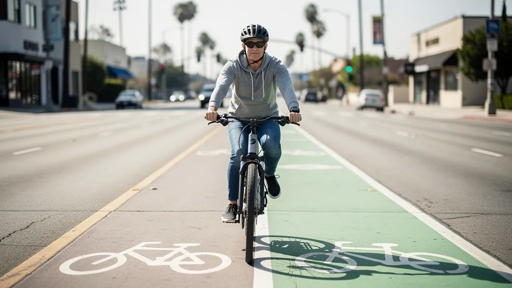 E-bike rider wearing a helmet in a Los Angeles bike lane