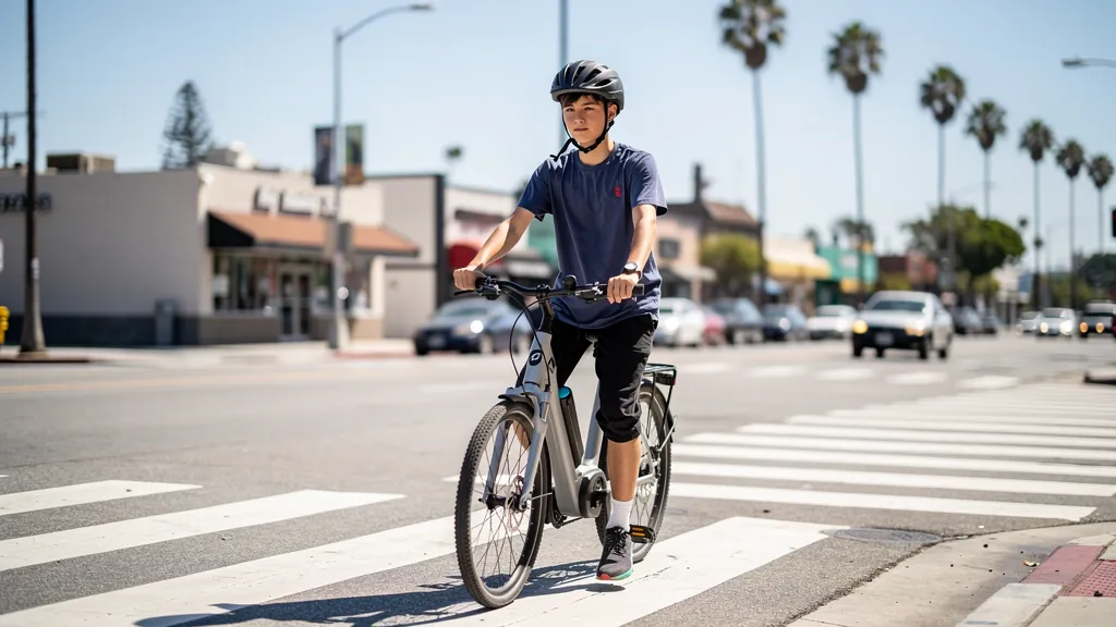 Young e-bike rider wearing a helmet at a Los Angeles crosswalk