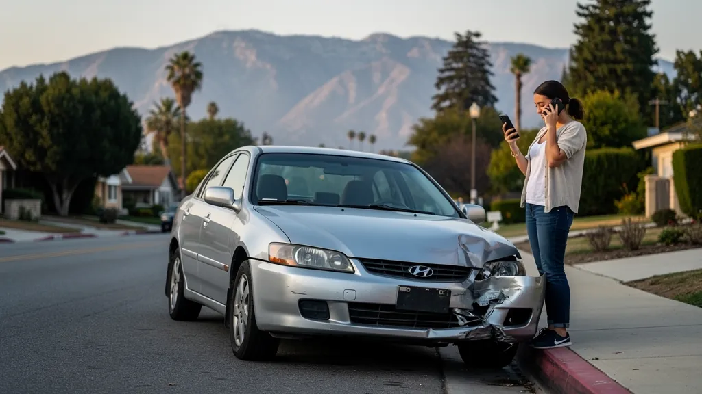 Driver documenting car damage after a crash in Altadena