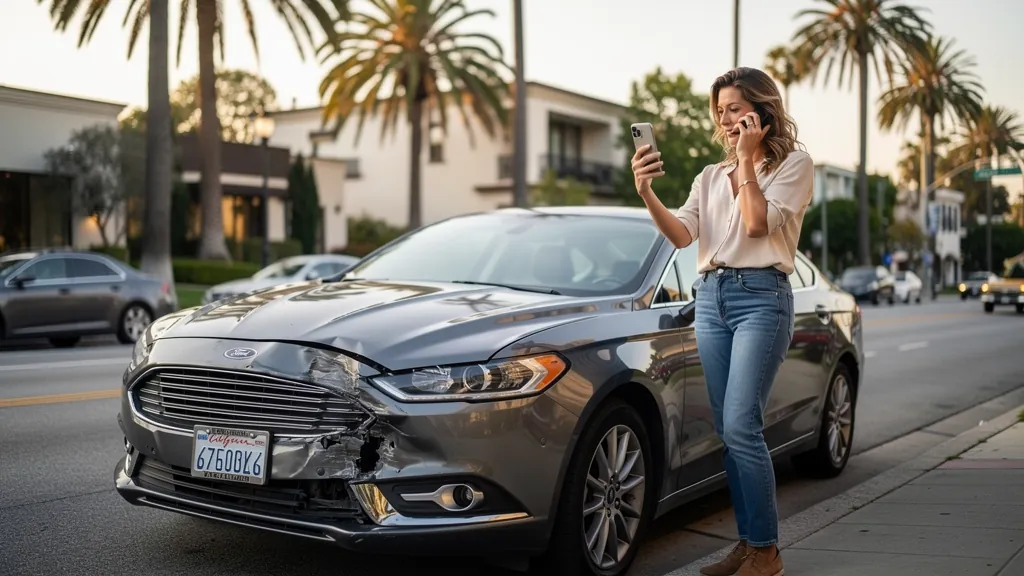 Driver documenting car damage after a crash in Beverly Hills