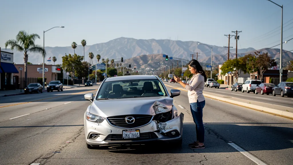 Driver documenting car damage after a crash in Canoga Park