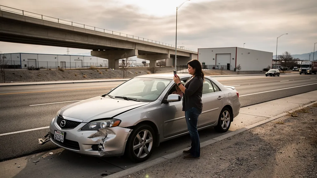 Driver documenting car damage after a crash in Carson