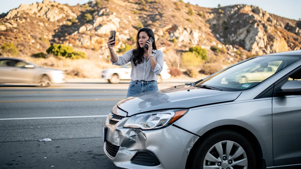 Driver documenting car damage after a crash in Chatsworth