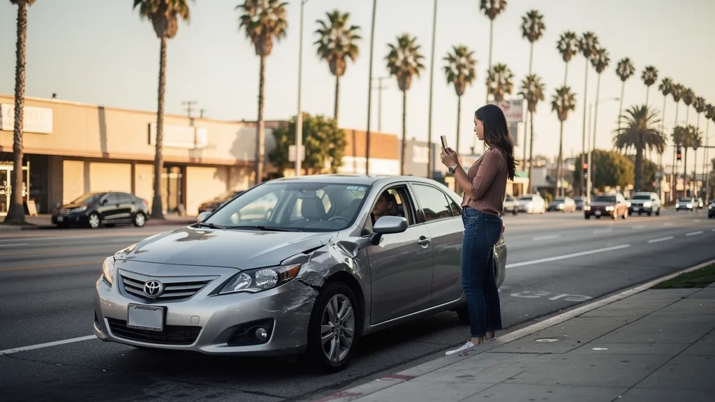 Driver documenting car damage after a crash in Compton