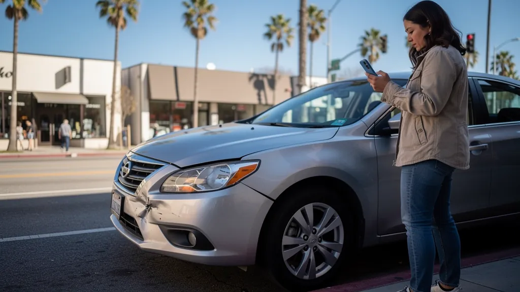 Driver documenting car damage after a crash in Culver City