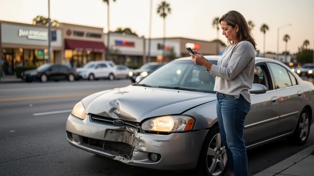 Driver documenting car damage after a crash in Downey