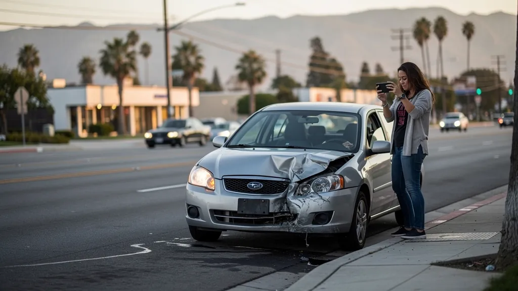 Driver documenting car damage after a crash in El Monte