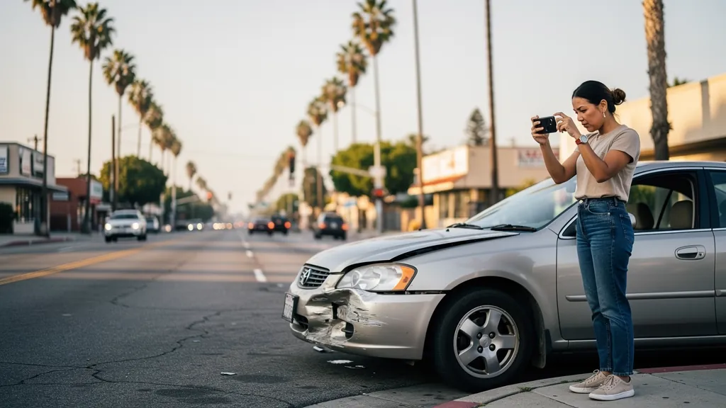 Driver documenting car damage after a crash in Inglewood