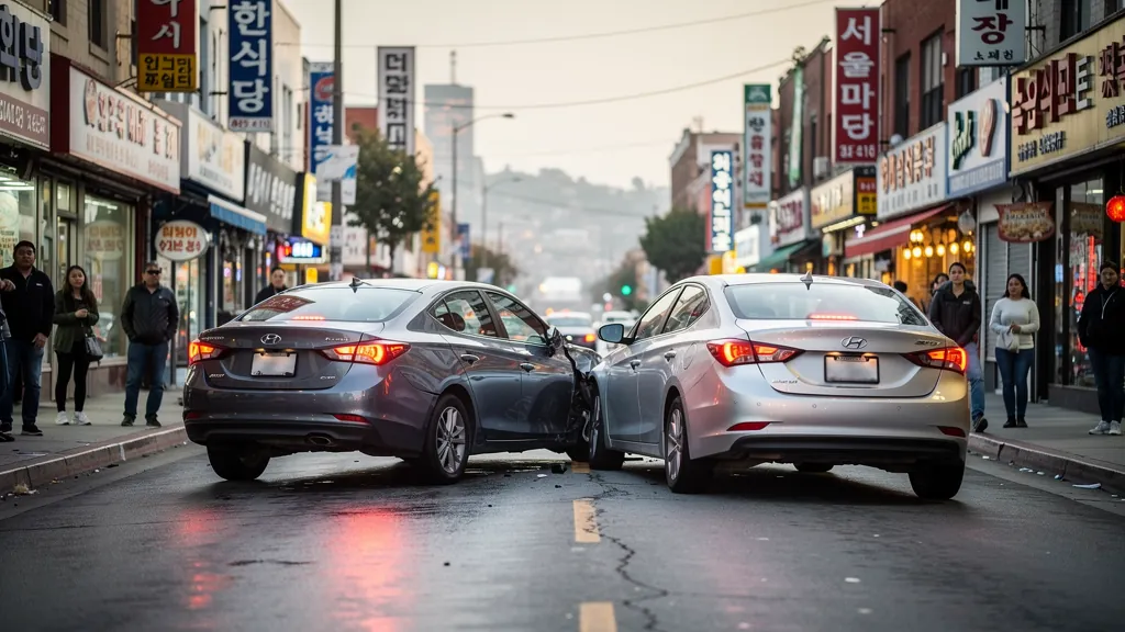 Cars stopped after a rear-end collision in Koreatown