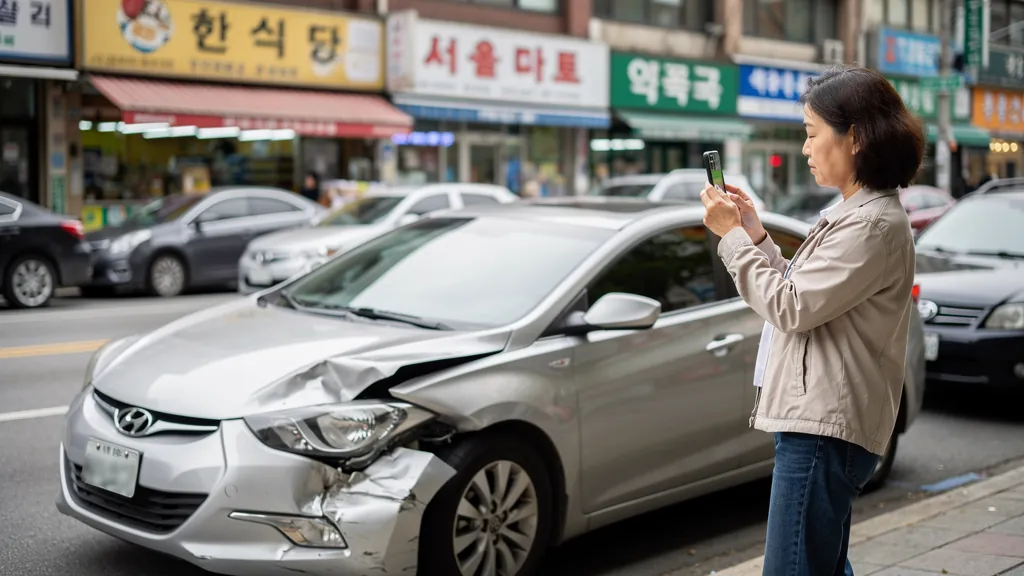 Driver documenting car damage after a crash in Koreatown