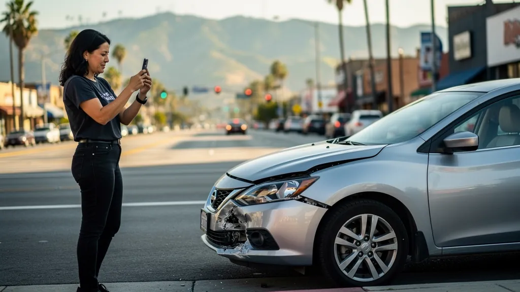 Driver documenting car damage after a crash in North Hollywood