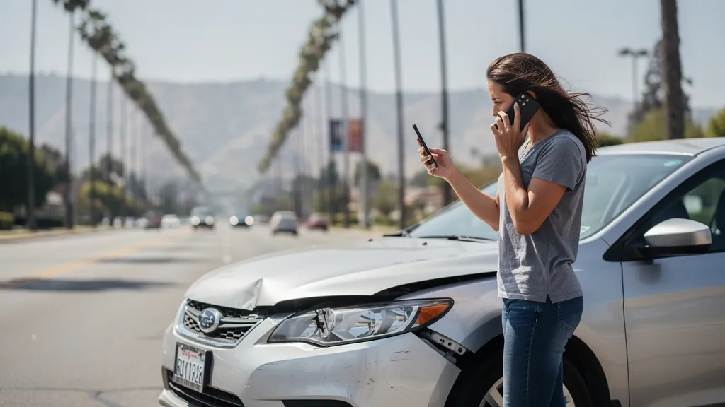 Driver documenting car damage after a crash in Northridge
