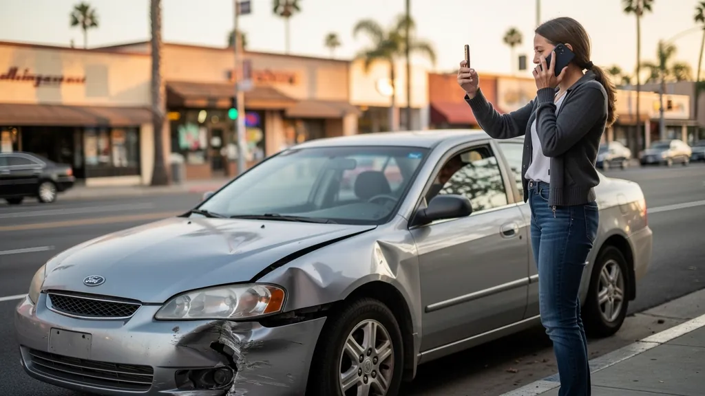 Driver documenting car damage after a crash in Reseda