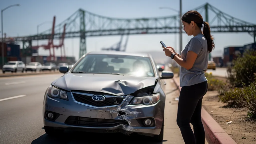 Driver documenting car damage after a crash in San Pedro